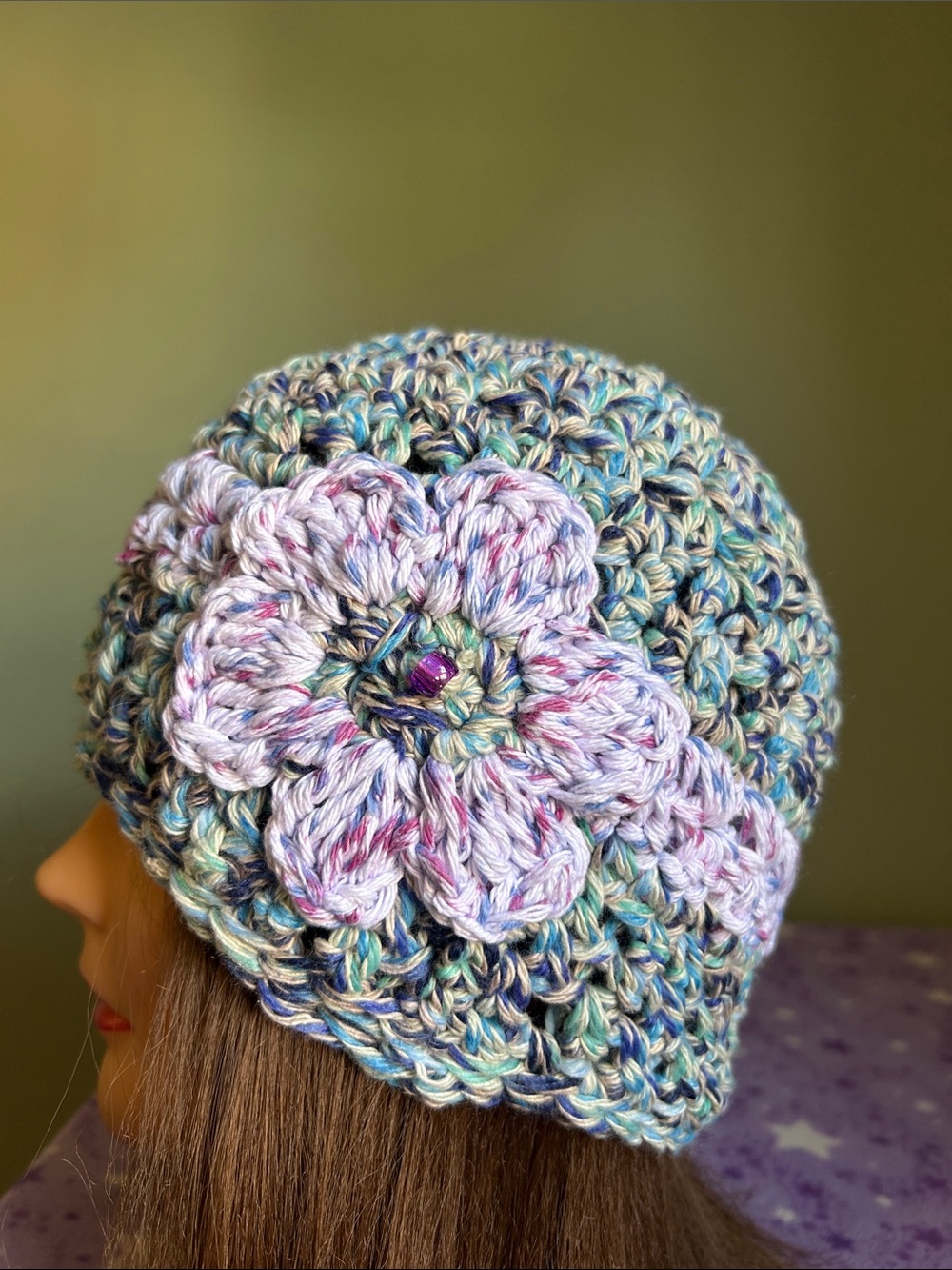 Handmade Blue-Green Crochet comfy cotton medium Beanie with Lavender Accent